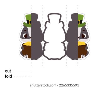 Cute badger in green leprechaun hat holds bowler with gold coins. Irish holiday folklore theme. Fold long greeting card template. Printable color scheme. Print, cut out, fold. Vector illustration.