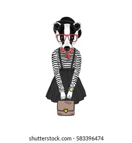 cute badger hipster girl, furry art illustration, fashion animals