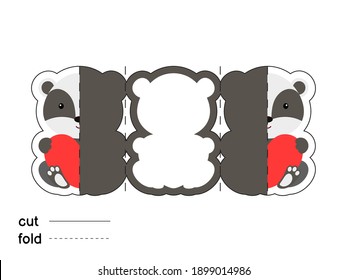Cute badger hold heart. Fold long greeting card template. Great for St. Valentine day, birthdays, baby showers. Printable color scheme. Print, cut out, fold. Colorful vector stock illustration.