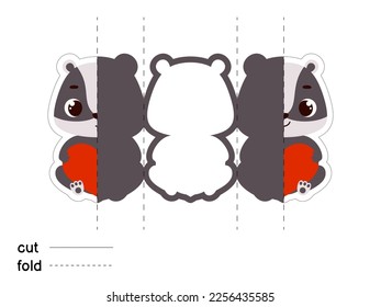 Cute badger hold heart. Fold long greeting card template. Great for St. Valentine day, birthdays, baby showers. Printable color scheme. Print, cut out, fold. Vector stock illustration.