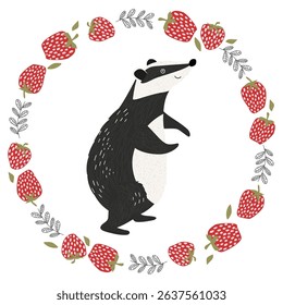 Cute badger sits in a round frame made of strawberries and leaves. Vector illustration, perfect for children's design or spring theme.
