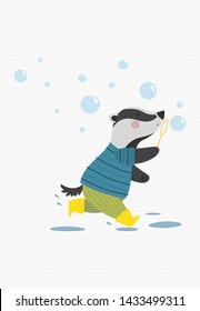 Cute badger with soap bubbles, funny poster. Vector illustration in a scandinavian style.