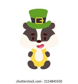 Cute badger St. Patrick's Day leprechaun hat holds horseshoe. Irish holiday folklore theme. Cartoon design for cards, decor, shirt, invitation. Vector stock illustration.