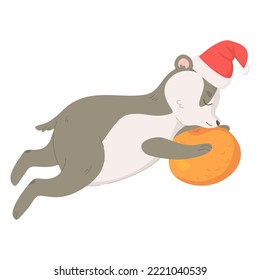 Cute badger with tangerine in christmas hat.