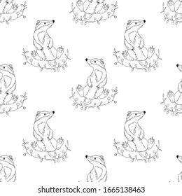 Cute badger. Vector illustration. Line drawing. Seamless pattern.