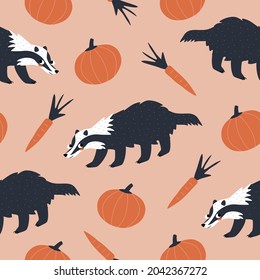 Cute badgers, pumpkins and carrots. Seasonal vegetables harvest and forest animals hand drawn vector illustration. Colorful Halloween background. Autumn seamless pattern. 
