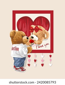 cute baer doll lover couple valentines card template hand drawn vector illustration