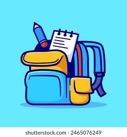 Cute Bag Backpack Open With Pencil And Paper Cartoon Vector Icon Illustration. Education Object Icon Concept Isolated Premium Vector. Flat Cartoon Style