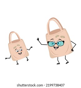 Cute bag character with glasses and grandson dancing character happy emotion, face, smile eyes, arms and legs. Shopper with funny face, ecological alternative to plastic bag. Vector flat illustration
