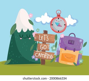 cute bag and compass camping cartoon