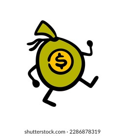 Cute bag of money and   dollar label runs away with   loan from the bank. Vector illustration of cartoon funny character from a comic book about finance.