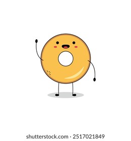 Cute bagel cartoon character waving hand hello doodle