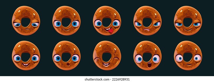 Cute bagel character face emoji set. Cartoon kawaii bakery with poppy seeds, ui comic funny game personage. Pastry mascot happy, shocked, sad, surprised, show tongue and angry. Vector illustration