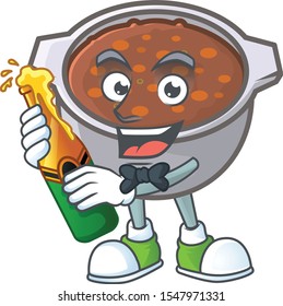 cute baked beans in character design bring beer.