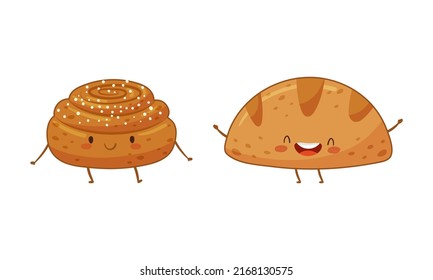 Cute Baked Pastry and Kawaii Bun with Legs and Arms Standing and Smiling Vector Set