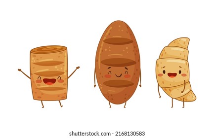 Cute Baked Pastry and Kawaii Bun with Legs and Arms Standing and Smiling Vector Set