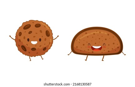 Cute Baked Pastry and Kawaii Bun with Legs and Arms Standing and Smiling Vector Set