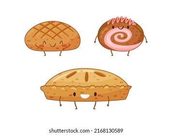 Cute Baked Pastry and Kawaii Bun with Legs and Arms Standing and Smiling Vector Set