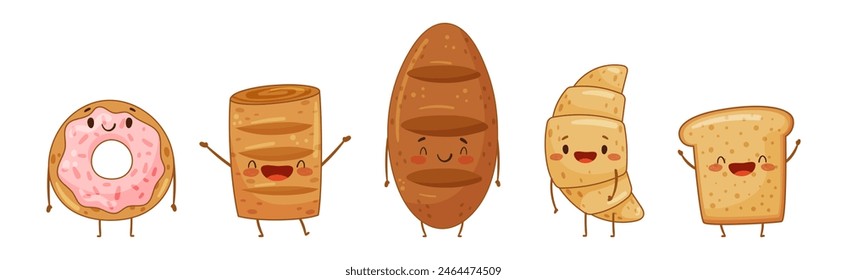 Cute Baked Pastry and Kawaii Bun with Smiling Face Vector Set