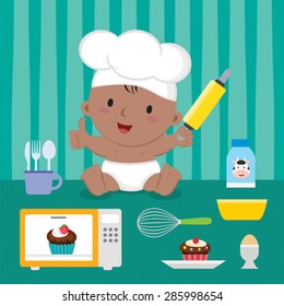 Cute baker baby boy. Cheerful baby with baking utensils.