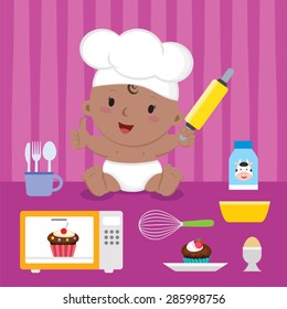 Cute baker baby girl. Cheerful girl with baking utensils.