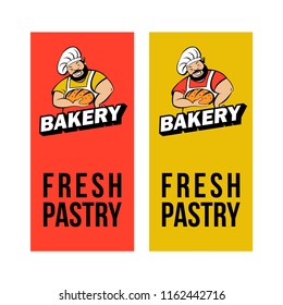 A cute Baker with a beard holds freshly baked bread. Bakery vector logo.