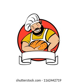 A cute Baker with a beard holds freshly baked bread. Bakery vector logo.