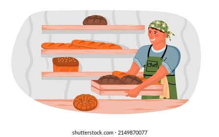 Cute baker and fresh bread of various shapes. A male character puts products on the shelves in his bakery shop.Baking from different types of flour.Flat cartoon vector isolated illustration.