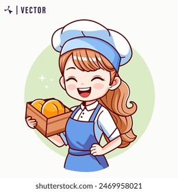 Linda chica panadera sosteniendo la Ilustración vectorial del pan. Caricatura del logotipo de la panadería Kawaii para el postre infantil comida casera