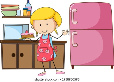 Cute baker girl with kitchen equipments on white background illustration