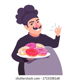 The cute baker holds a plate of various glazed doughnuts in his hand. A chef showing OK hand gesture, smiling. Delicious pastry. Vector flat cartoon character illustration isolated on white.