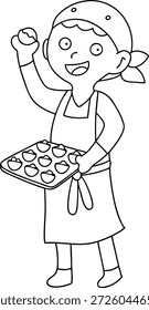 Lindo niño panadero sosteniendo una bandeja de magdalenas, ilustración de página para colorear para niños