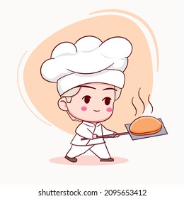 cute baker in uniform taking out bread from the oven