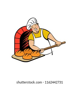 A cute Baker works in a bakery. The Baker bakes bread in the oven. Bakery vector logo.