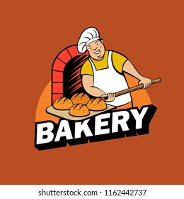 A cute Baker works in a bakery. The Baker bakes bread in the oven. Bakery vector logo.