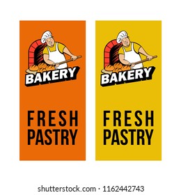 A cute Baker works in a bakery. The Baker bakes bread in the oven. Bakery vector logo.