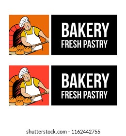A cute Baker works in a bakery. The Baker bakes bread in the oven. Bakery vector logo.