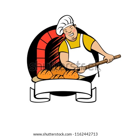 A cute Baker works in a bakery. The Baker bakes bread in the oven. Bakery vector logo.