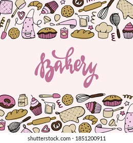 cute bakery banner with hand drawn pastry doodles and lettering quote. Good for prints, cards, signs, templates, menu, borders, etc. EPS 10
