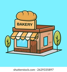 Edifício de padaria bonito com um sinal de pão e toldo amarelo. Ideal para gráficos de negócios de alimentos e ícones bonitos de vitrine