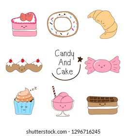 cute bakery candy and cake , drawing illustration , dessert or sweetmeat character