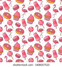 cute bakery and candy seamless pattern. desserts on white background for cafe or pastry shop. illustration vector.