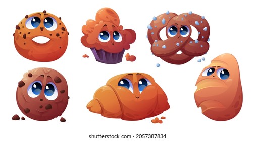 Cute bakery characters, cake, chocolate cookie, bread loaf and croissant. Vector cartoon set of funny sweet pastry food, muffin, donut and pretzel isolated on white background