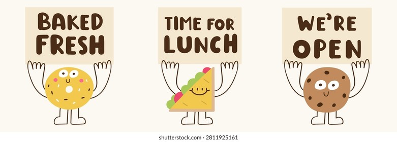 Cute bakery characters set holding banners with funny quotes bagel sandwich cookie cosy cafe food mascot flat vector illustration pack