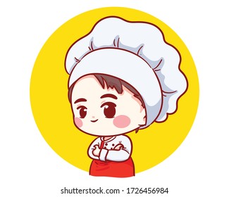 Cute Bakery chef boy arms crossed smiling cartoon art illustration logo. Premium Vector