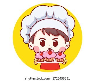 Cute Bakery Chef Junge Holding Kuchen lächelnd Cartoon Kunst Illustration Logo. Premium Vector