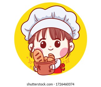 Cute Bakery chef boy Holding cake smiling cartoon art illustration logo. Premium Vector