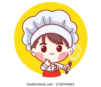 Cute  Bakery chef boy holding whisk cartoon Vector art illustration