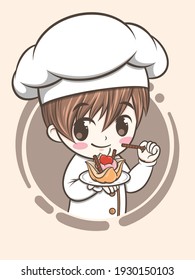 cute bakery chef boy holding a cake and bread - cartoon character and logo illustration