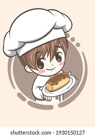 un niño de un chef de panadería lindo sosteniendo un pastel y un pan - personaje de dibujos animados e ilustración del logo